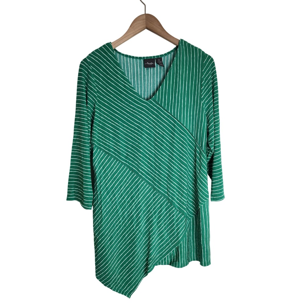 Chico's Travelers Tunic Top Women's 2 (Large) Travel‎ 3/4 Sleeve Striped Green